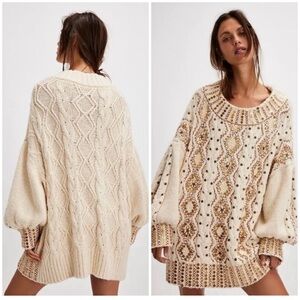 Free People Gilded Cable Embellished Sweater Oversized Cream Boho Size L